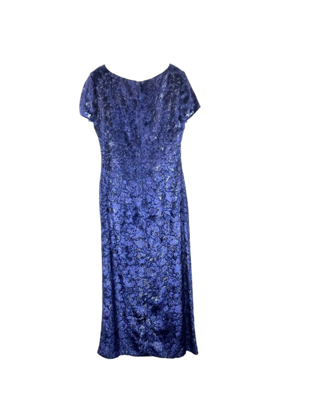 Burnt Velvet Maxi Dress 10 Blue Metallic Formal Flow Narrow Waist Evening Gown - Picture 4 of 11